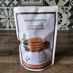 Sachet de biscuits apéritifs courgette et épices mexicaines, riches en légumineuses, création Thierry Marx