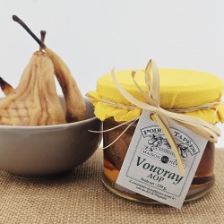 Bocal de 3 poires tapées au Vouvray AOP Maison Hérin, avec son tissu jaune