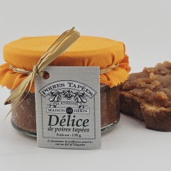 Pot de Délice de Poire Tapée de Rivarennes 130g, couvercle décoré de tissu orange