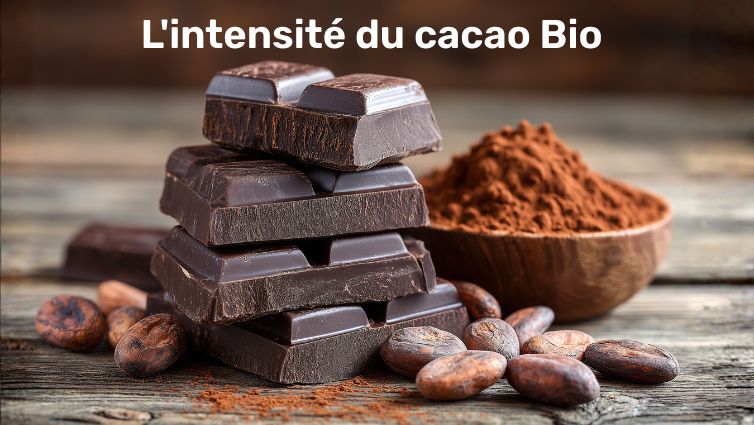 Fèves de cacao et chocolat noir Bio brut pour la fabrication des Raisins d'Or.