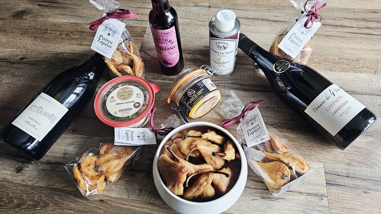 Poires tapées Maison Hérin, rillons, foie gras, huile de noix, vinaigre, vins de Chinon et Vouvray