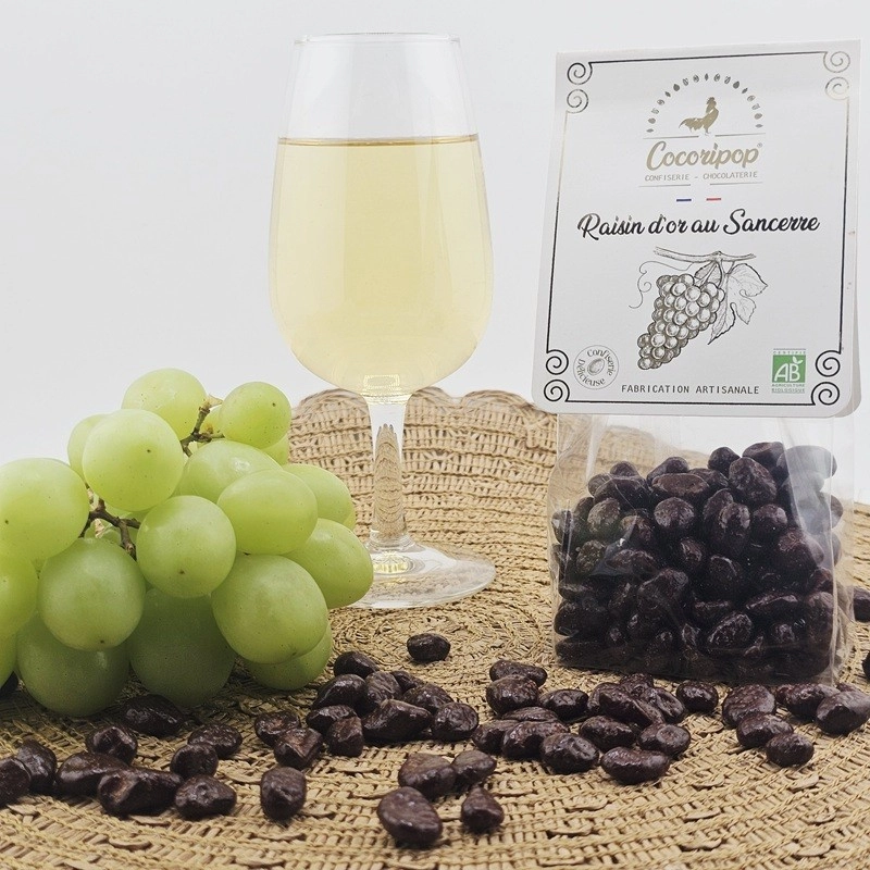 Sachet raisins d'Or bio confiserie artisanale Val de Loire raisins secs macérés Sancerre enrobage chocolat noir