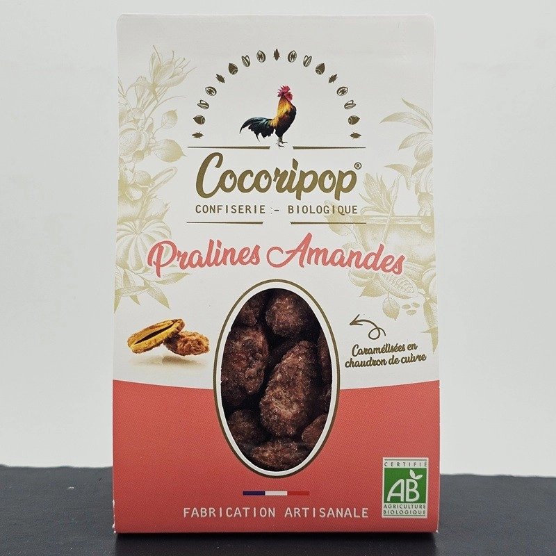Sachet de pralines amandes bio Cocoripop dans son étui cadeau