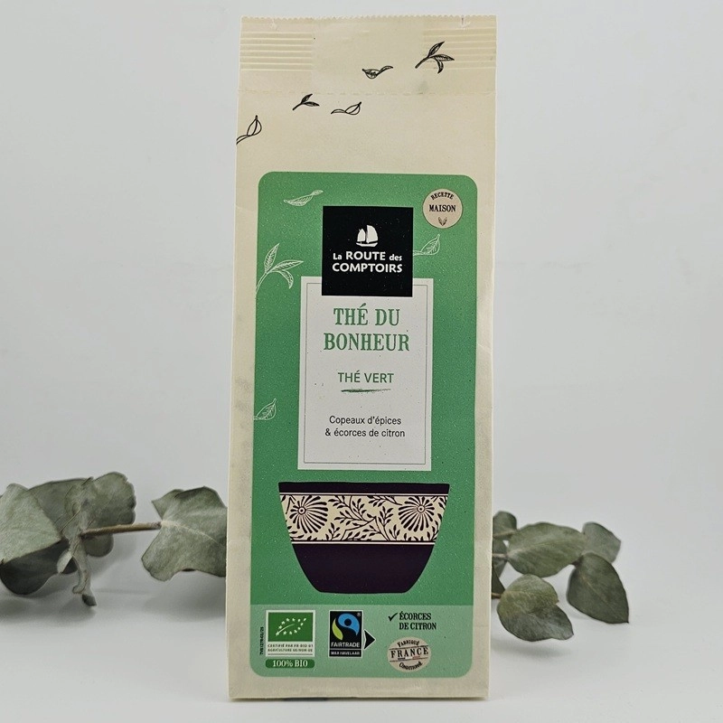 Sachet de 100g thé vert bio du Bonheur La Route des Comptoirs agrumes épices