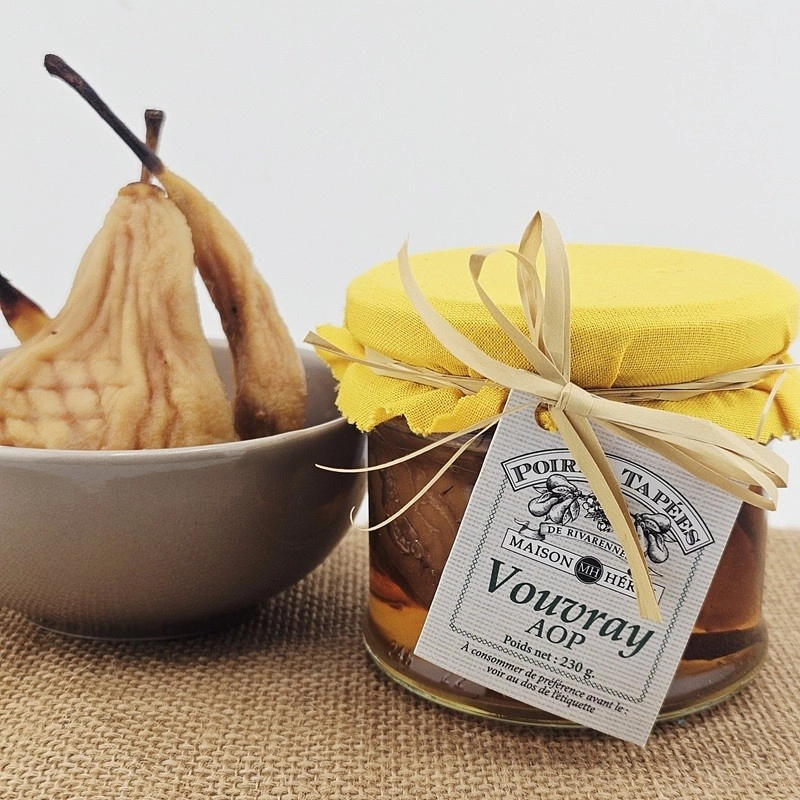 Bocal de 3 poires tapées au Vouvray AOP Maison Hérin, avec son tissu jaune