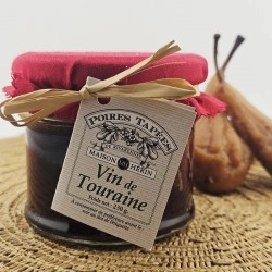Bocal de 3 poires tapées entières au Touraine AOP Maison Hérin, avec son tissu rouge
