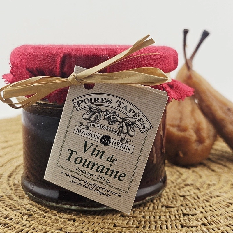 Bocal de 3 poires tapées entières au Touraine AOP Maison Hérin, avec son tissu rouge