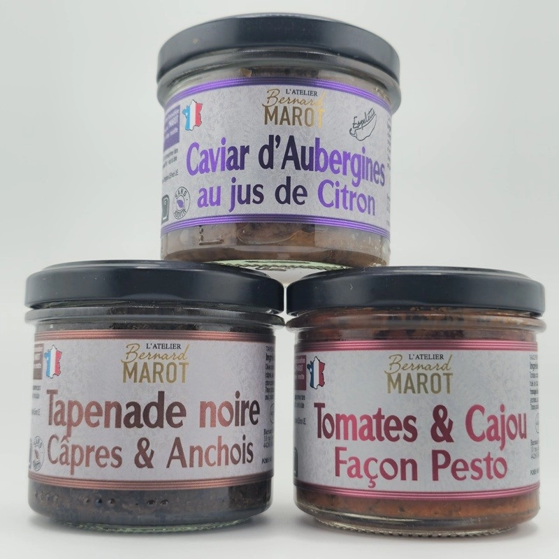 Coffret apéritif Bernard Marot : tapenade, aubergine et tomate cajou